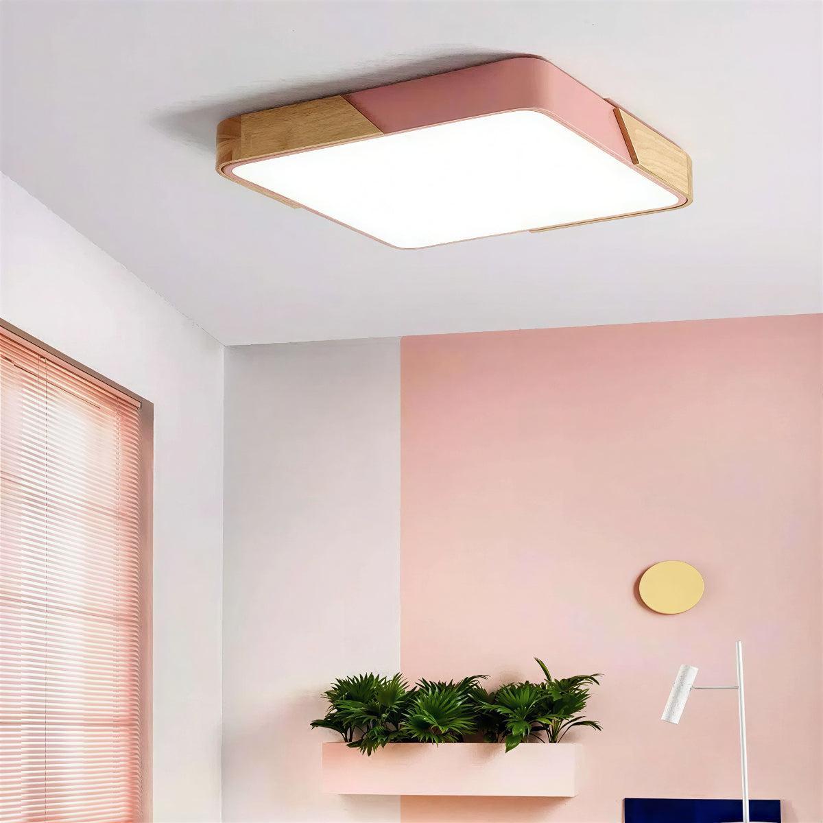 Modern Square Flush Mount LED Ceiling Light with Wooden Trim