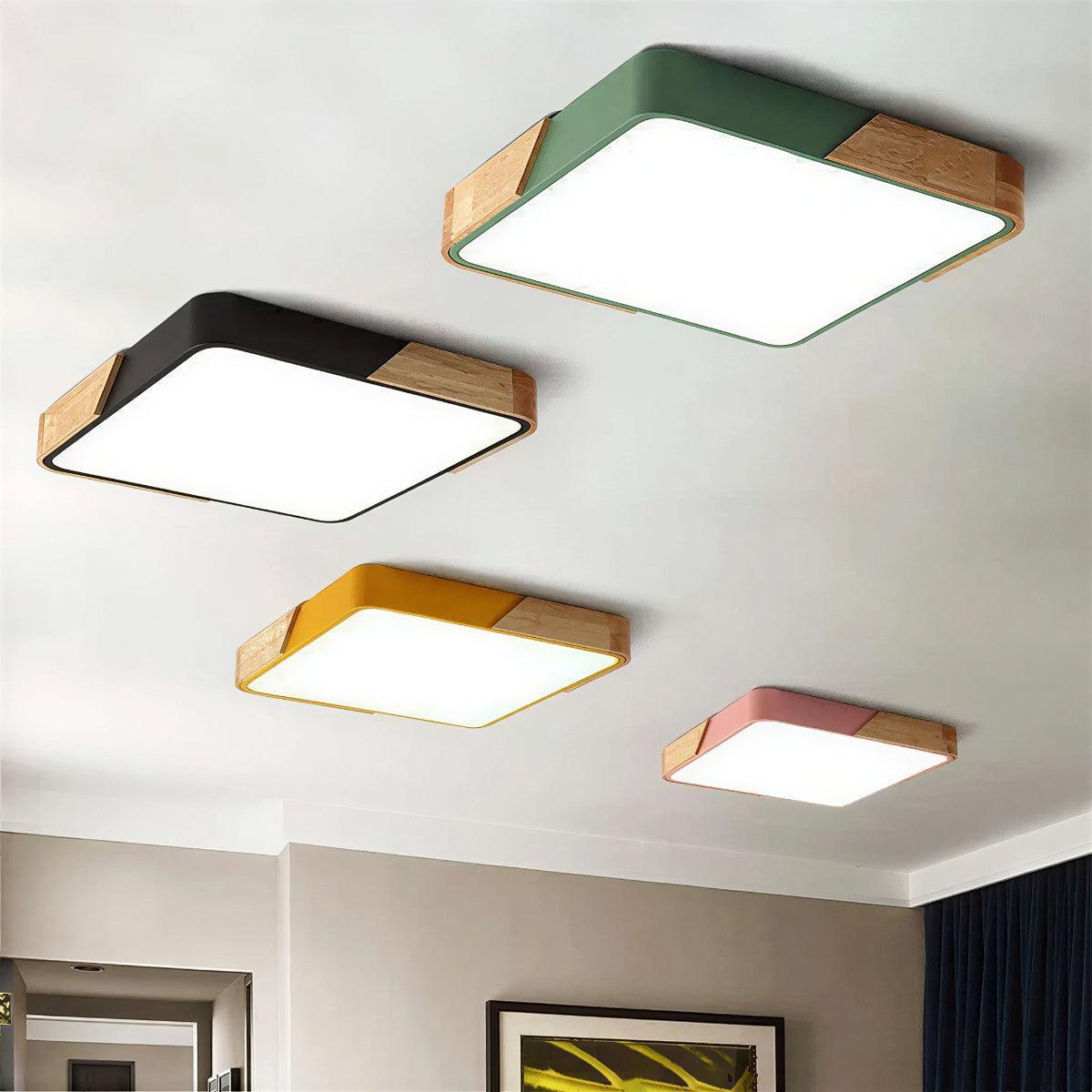 Modern Square Flush Mount LED Ceiling Light with Wooden Trim